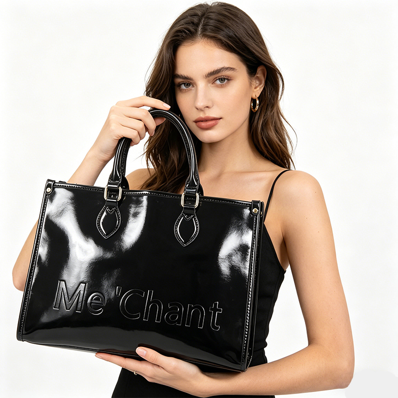 Structured Handbag Work - 女性用黒光沢パテントPUレザートートバッグ、構造化トップハンドルハンドバッグ、大容量ショルダーバッグ、仕事、日常、ショッピング用