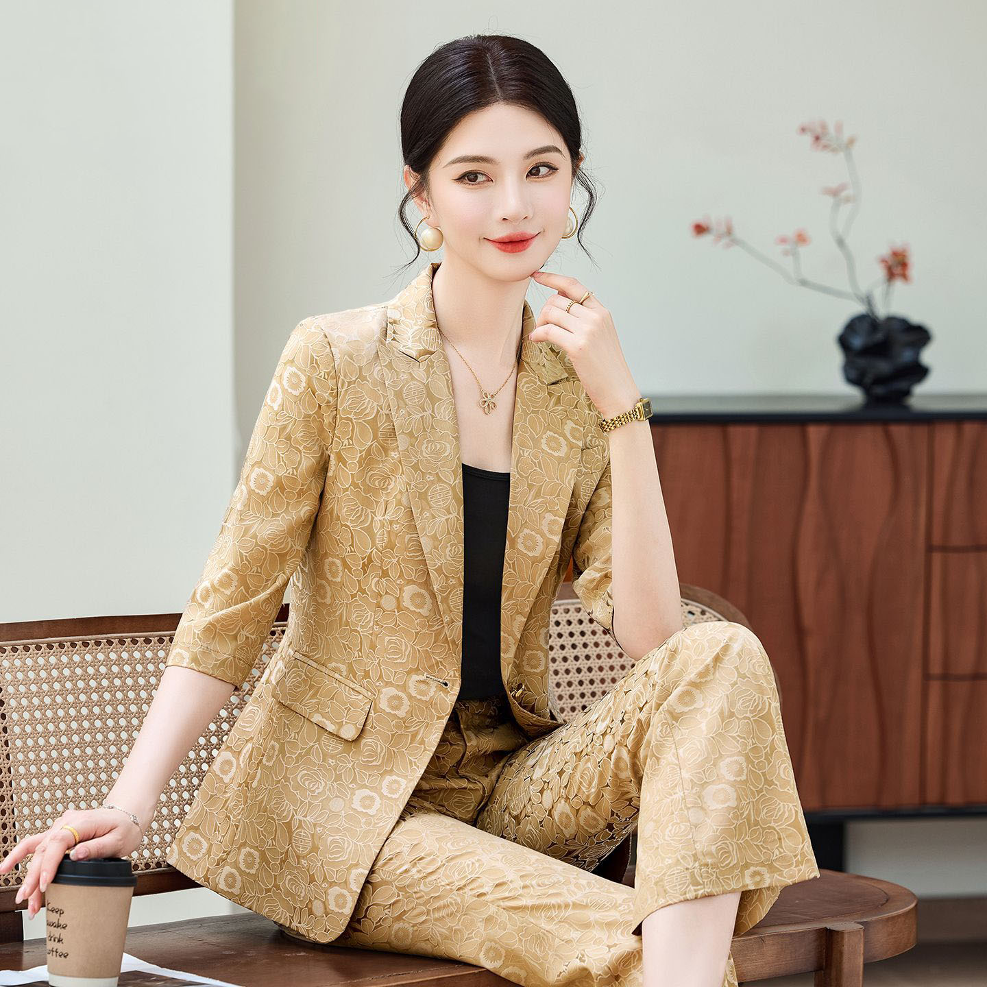Women'S Office Formal Wear For Ladies - ファッションアプリコットハーフスリーブプロフェッショナルスーツ女性新2026夏エレガントフォーマルスリムブレザーとパンツオフィスレディースワークウェア