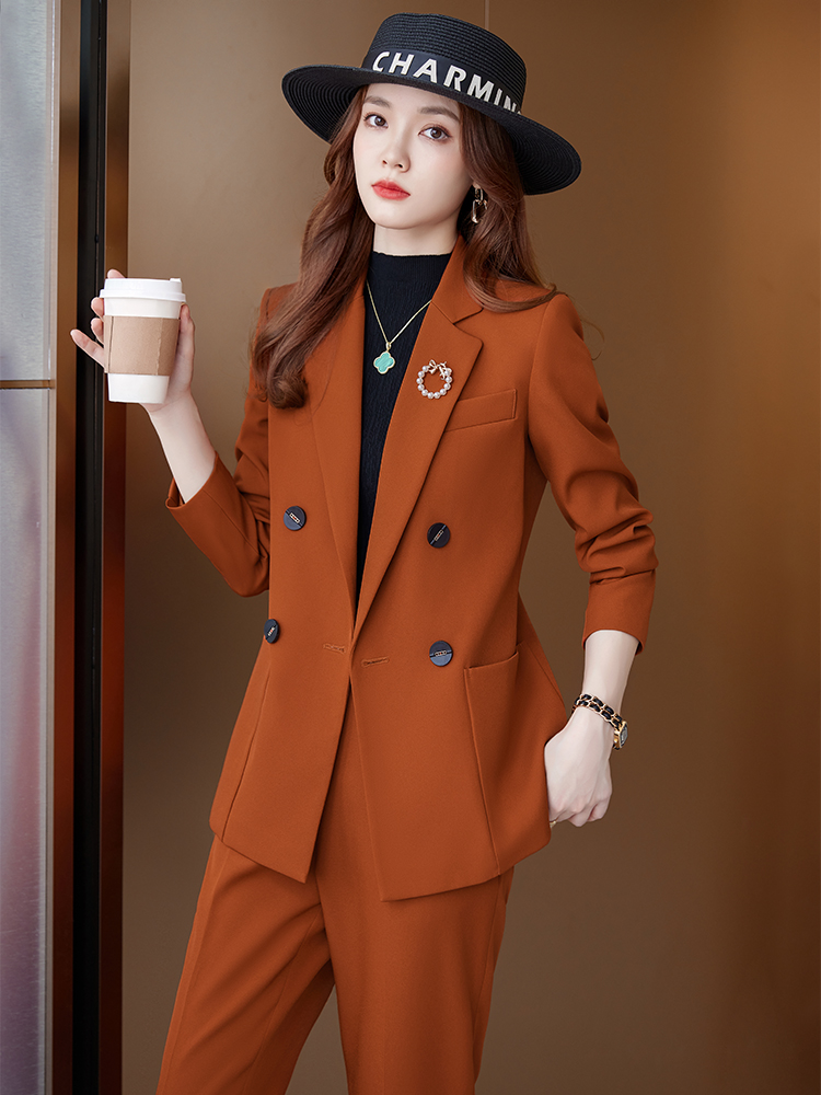 Women Formal Wear Shirt And Pant - レディース2ピースビジネススーツセット、ポケット付きダブルブレストブレザー＆ハイウエスト仕立てトラウザーズ、フォーマルオフィスワークウェア