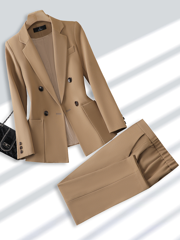 Women'S Office Formal Wear For Ladies - 女性のためのブレザーとズボンのスーツ、オフィス、ビジネス、仕事のためのフォーマルなパンツスーツ、女性のファッション、ベージュ、黒、カーキ、ポケット付き2ピースセット