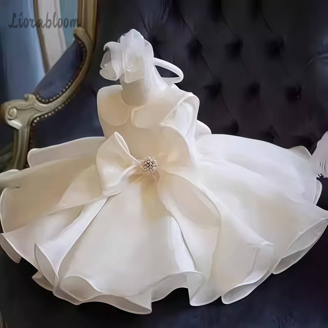 Women'S Formal Wear For A Wedding - ホワイトパール装飾ドレスウェディングフラワーガールドレスホワイトフラワーガール衣装パーティードレスエレガントフォーマルウェア