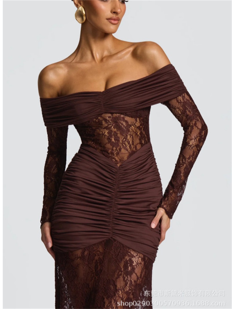 Women Formal Party Wear Dress - セクシーなレースのマーメイドライン、オフショルダー、フルスリーブのロング丈パーティードレス、カジュアルなビーチ、ホリデー、フォーマルなイブニングドレス