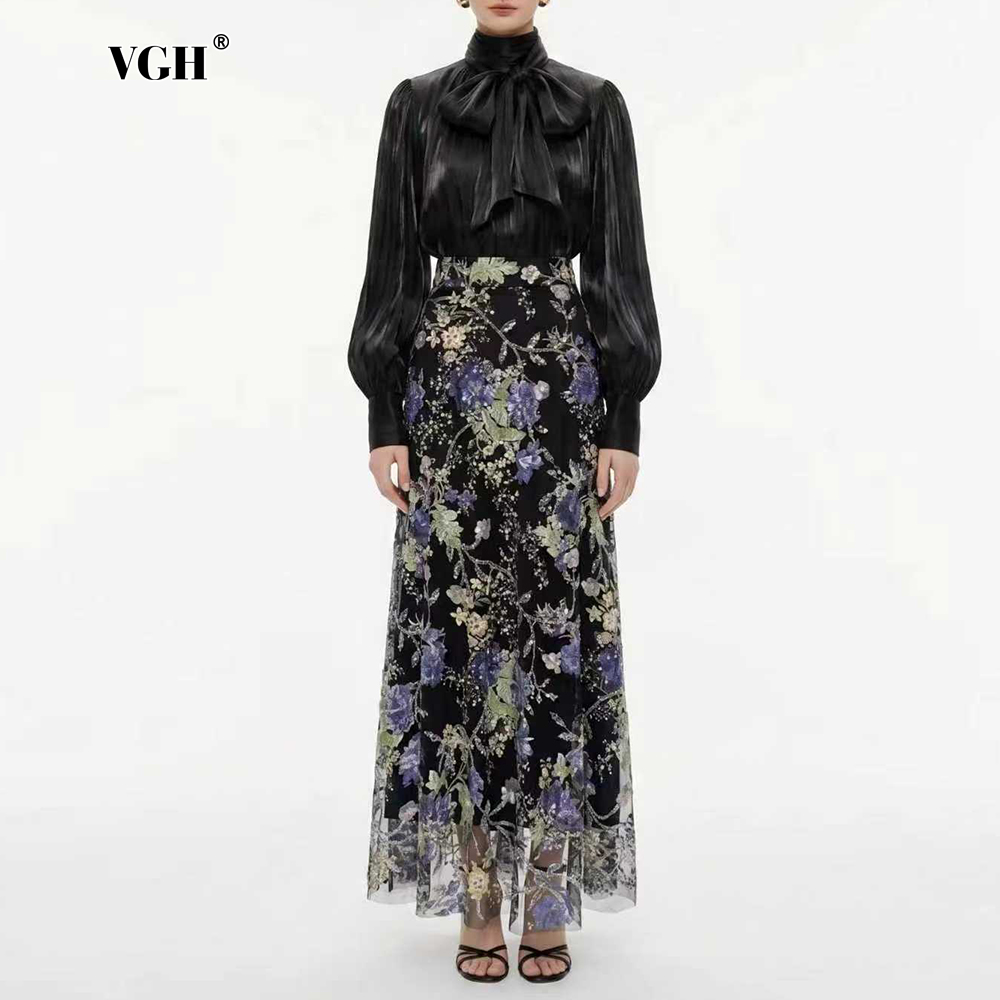 Women'S Elegant Formal Wear - VGH エレガントシック ブラックフローラル ツーピースセット レディース スカーフカラー