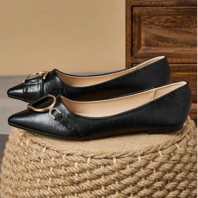 Women Formal Wear With Shoes - エレガントな女性用ブラックポインテッドトゥフラットシューズ、ゴールドバックル付き、快適なスリッポンオフィスシューズ、普段使いやフォーマルな場にも最適 44 45 47 48