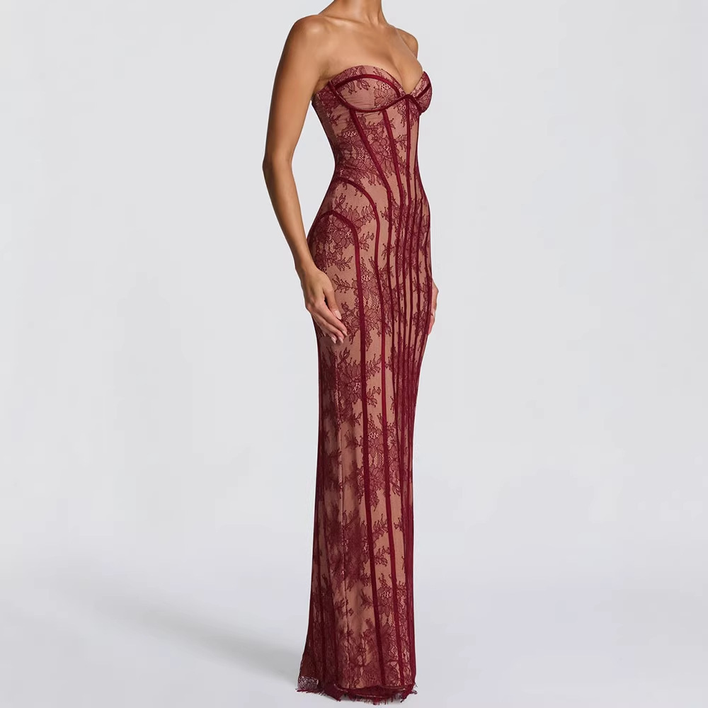 Women'S Elegant Formal Wear - ストラップレスボディコンマキシドレス レディース 2026 ストライプ柄 バックレス エレガント