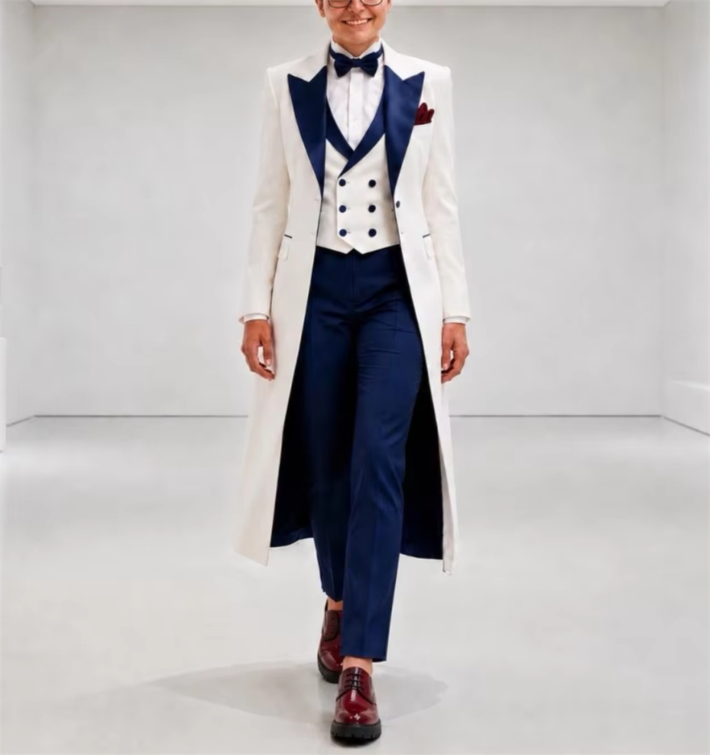 Women'S Formal Wear For A Wedding - ネイビーブルーとホワイトのレディースジャケットスーツ エレガントなテーラードオフィスウェア 結婚式ゲスト用衣装 レディースブレザー（ジャケットのみ）