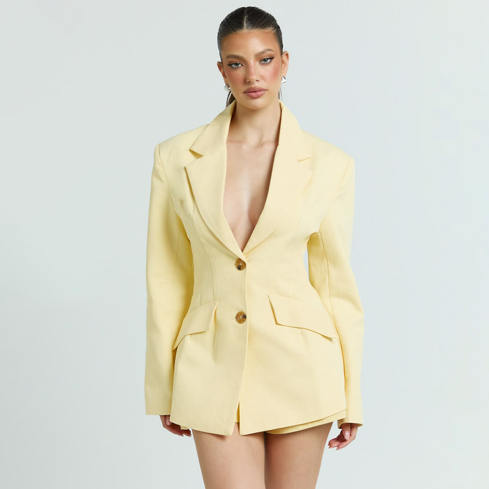 ライトイエローの女性用2ピーススーツセット、ノッチドラペルシ - Women Formal Wear Shirt And Pant のレビューと価格