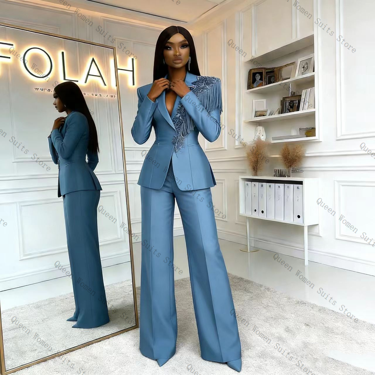 タッセルブルー女性スーツパンツセット 2 個ブレザー + パ - Women'S Formal Wear For A Wedding のレビューと価格