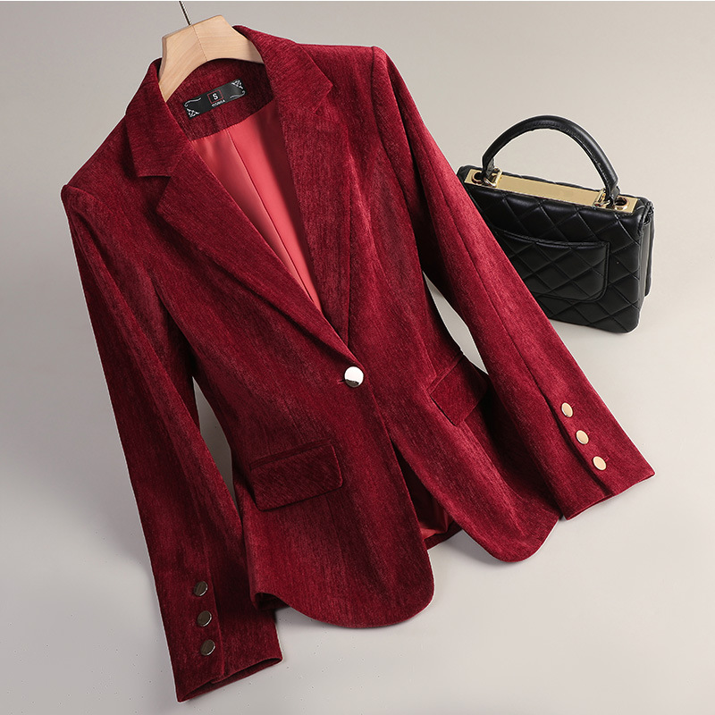 イエローゴールドベルベットブレザー女性秋冬カジュアルスーツフ - Women'S Office Formal Wear For Ladies のレビューと価格