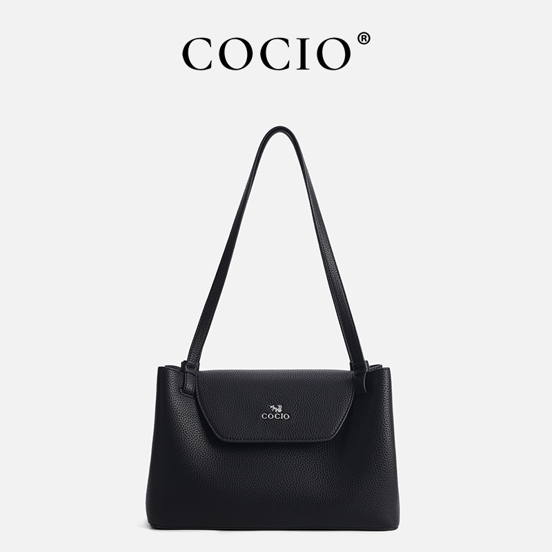 女性用ブラックレザーハンドバッグ、構造化フラップバッグ、ダブ - Shoulder Bag Structured のレビューと価格