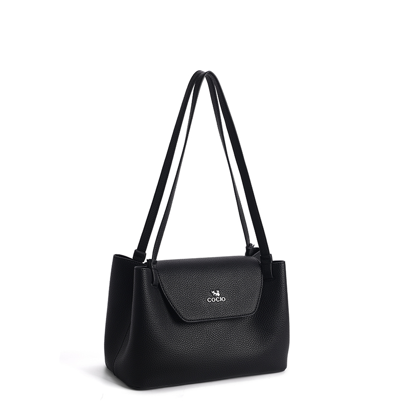 女性用ブラックレザーハンドバッグ、構造化フラップバッグ、ダブ - Shoulder Bag Structured のレビューと価格
