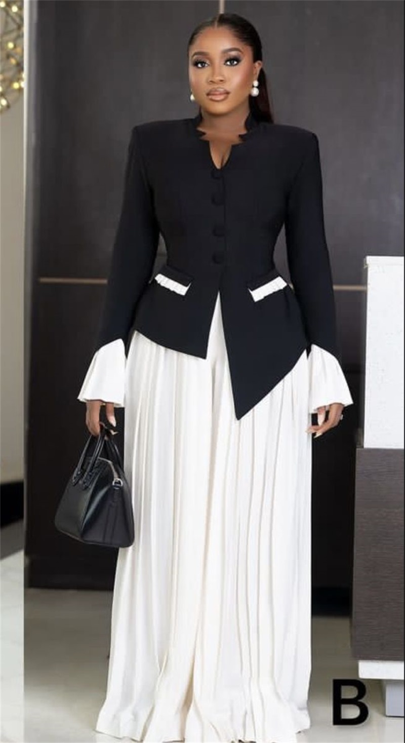 白黒女性スーツセット 2 ピースブレザー + ルーズパンツフ - Women Formal Wear Black And White のレビューと価格